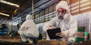 person evaluating chemicals with respiratory protection on