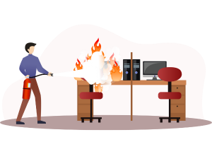 illustration of person putting out a fire at their desk