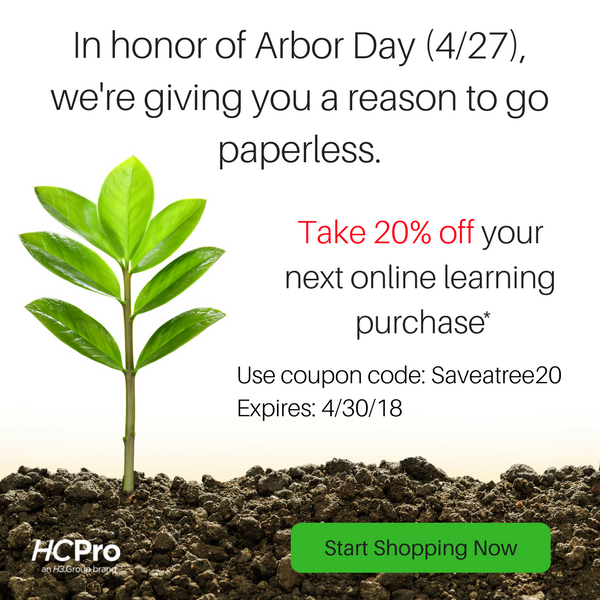 Arbor Day Discount - go paperless with 20% off all online learning purchases between now and 4/30. Code: saveatree20