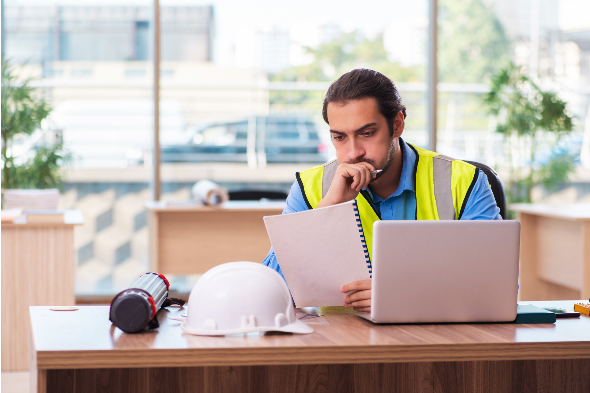 Worker at desk in safety gear evaluating a JHA