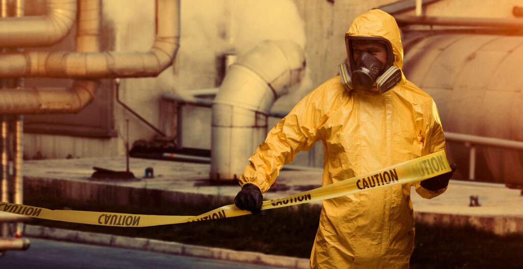 person wearing HAZWOPER suit putting caution tape around a hazard