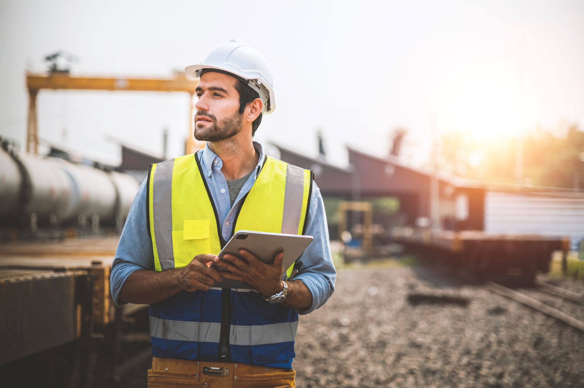 Man in reflective vest holding risk management tablet while at a transport hub