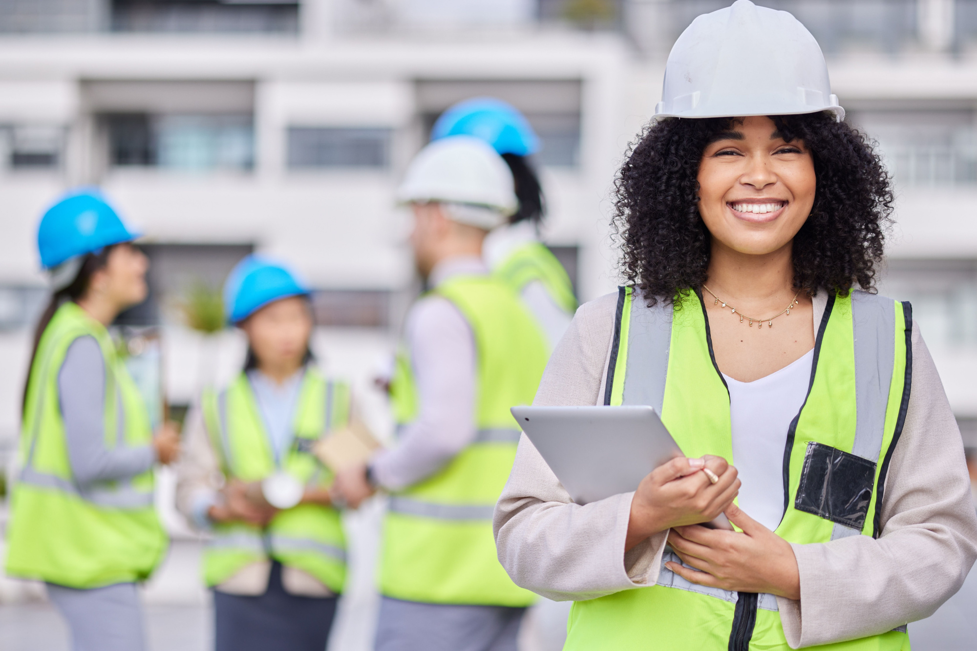 woman in construction gear smiling with blurred construction workers in background