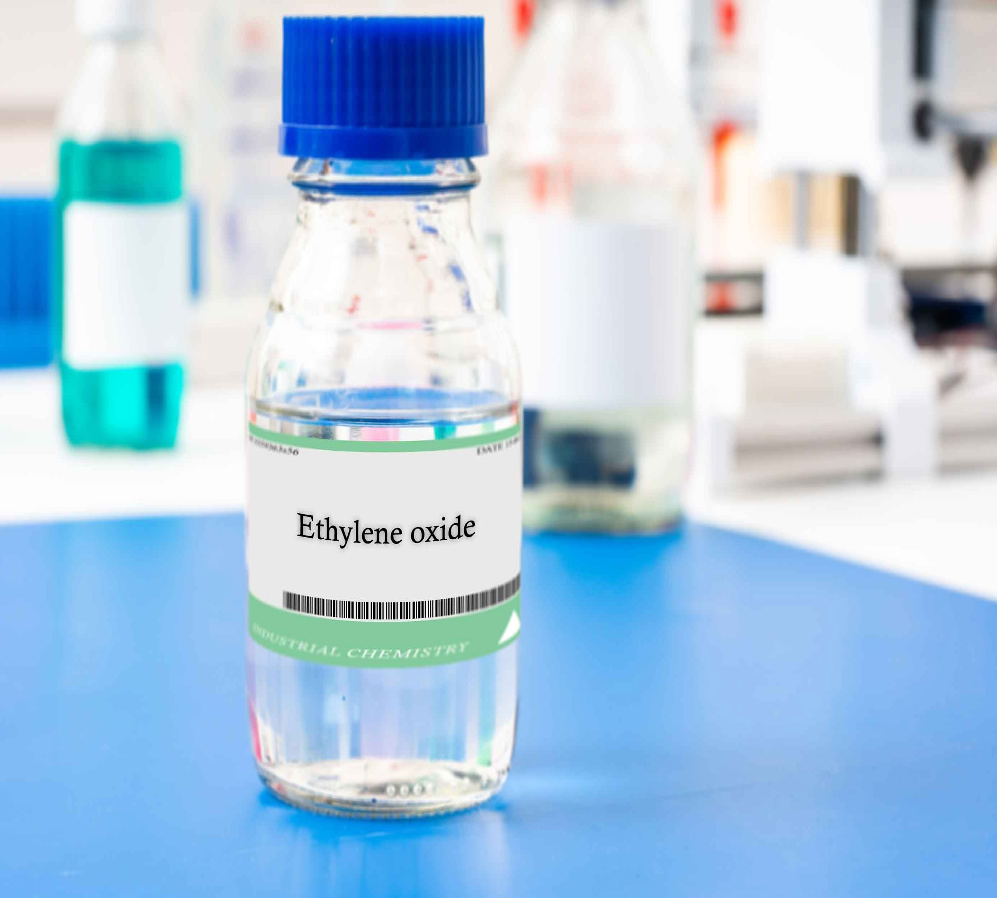 bottle of ethelyne oxide on lab desk