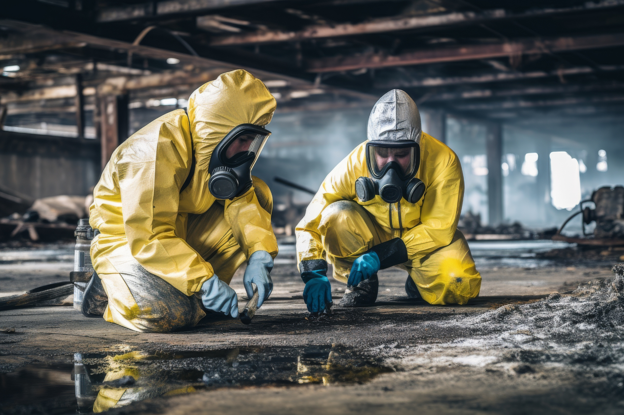workers in safety gear evaluating a spill