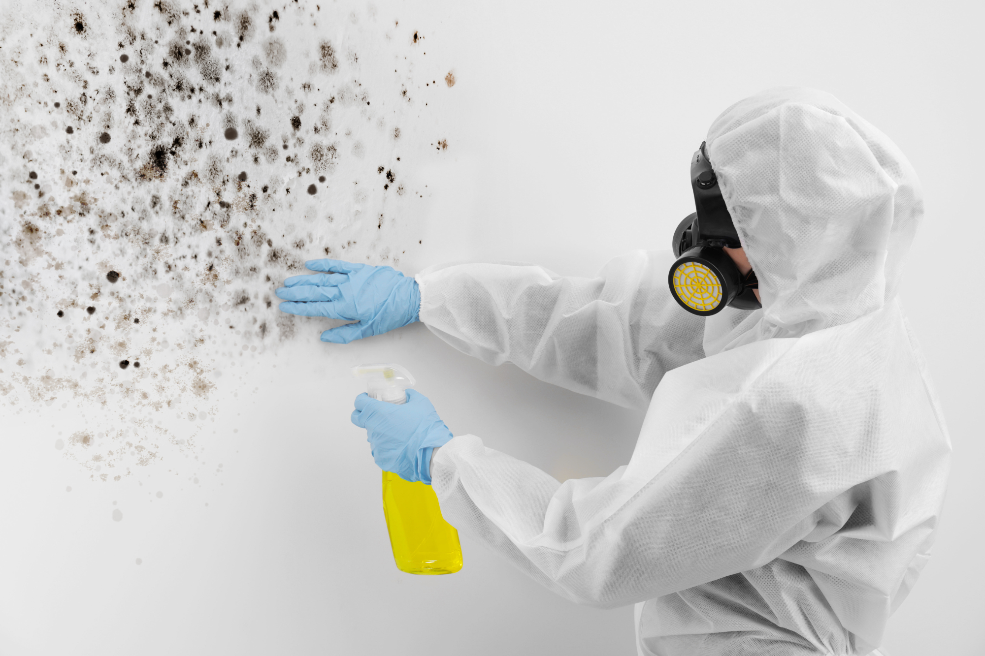 person cleaning mold off of wall