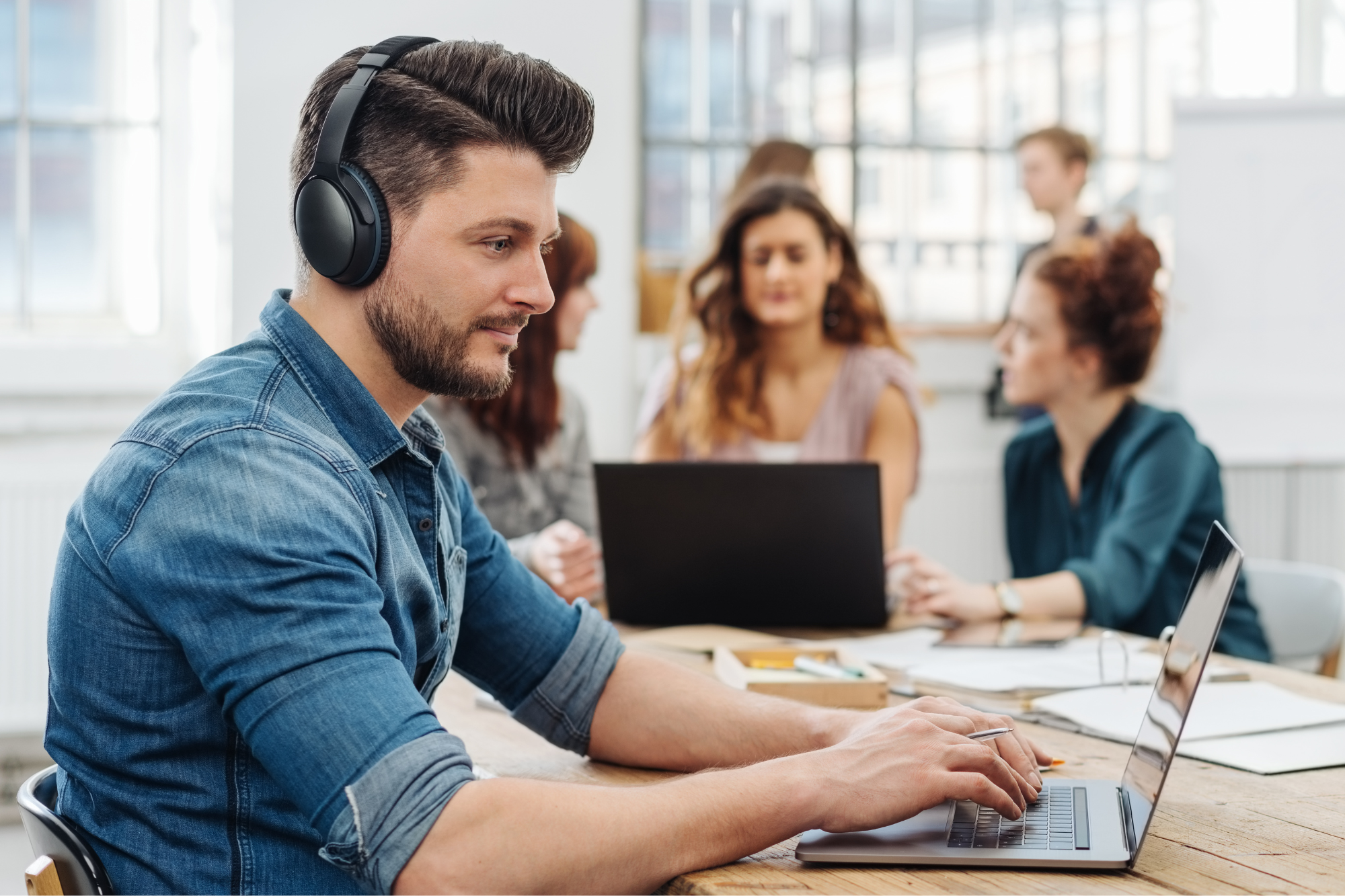 man working with headphones