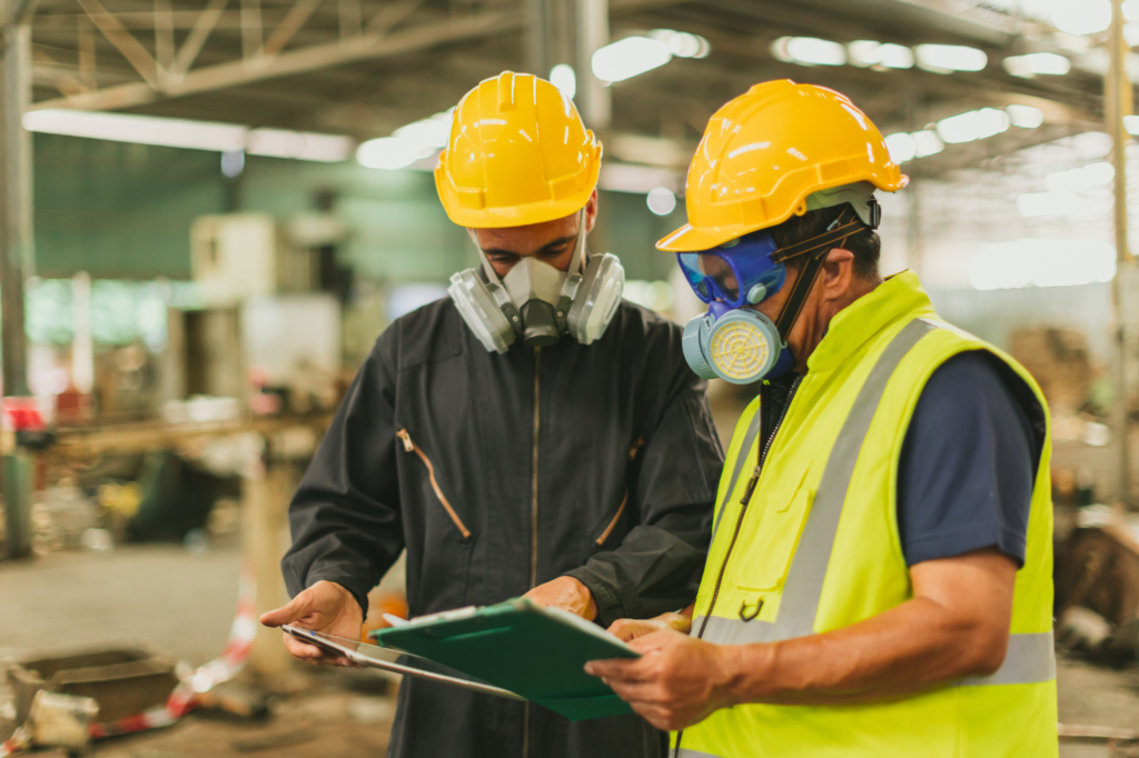 two employees wearing safety gear reviewing documents