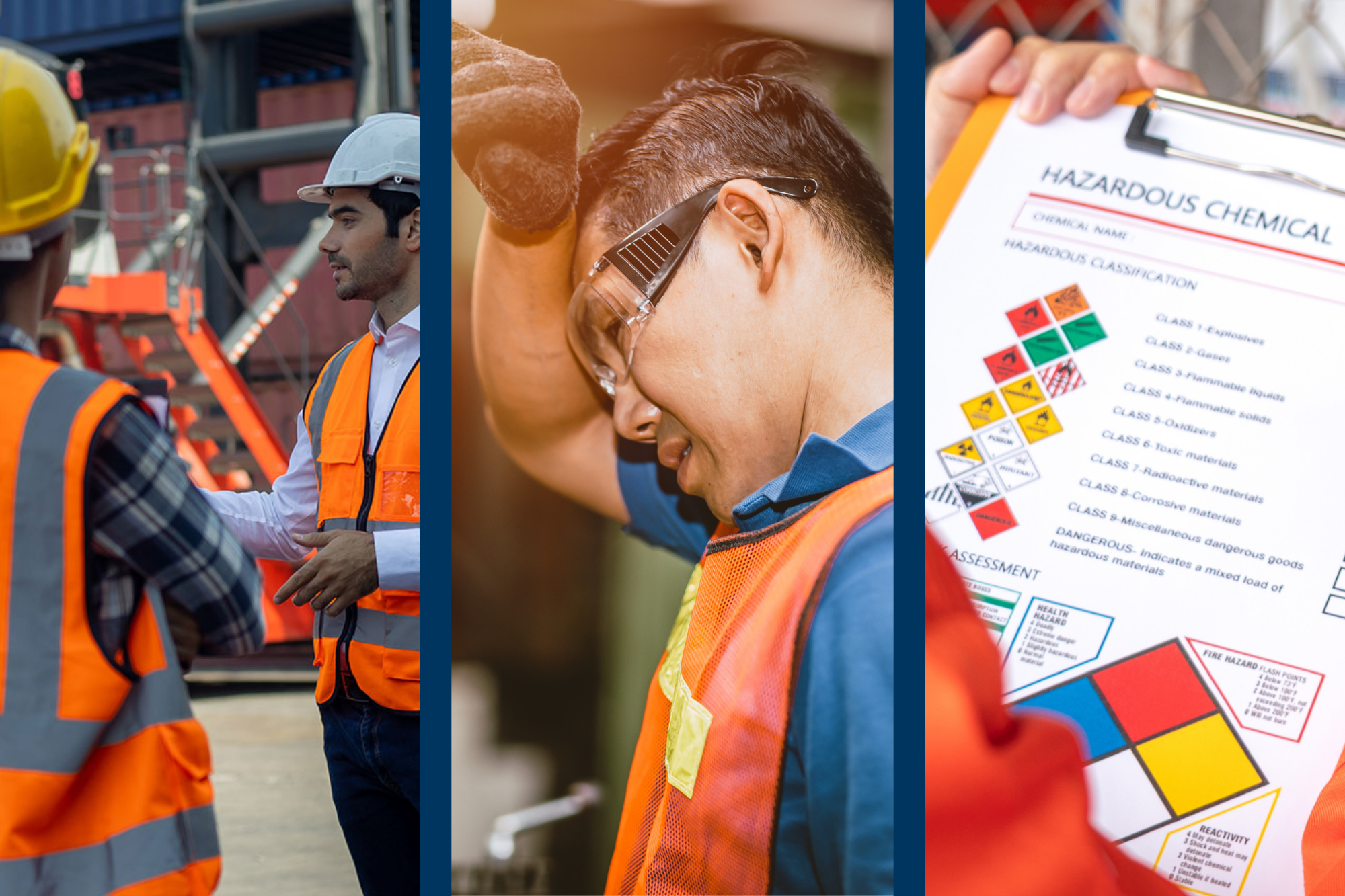 three images: safety meeting, worker suffering from heat stress, hazardous chemical sheet