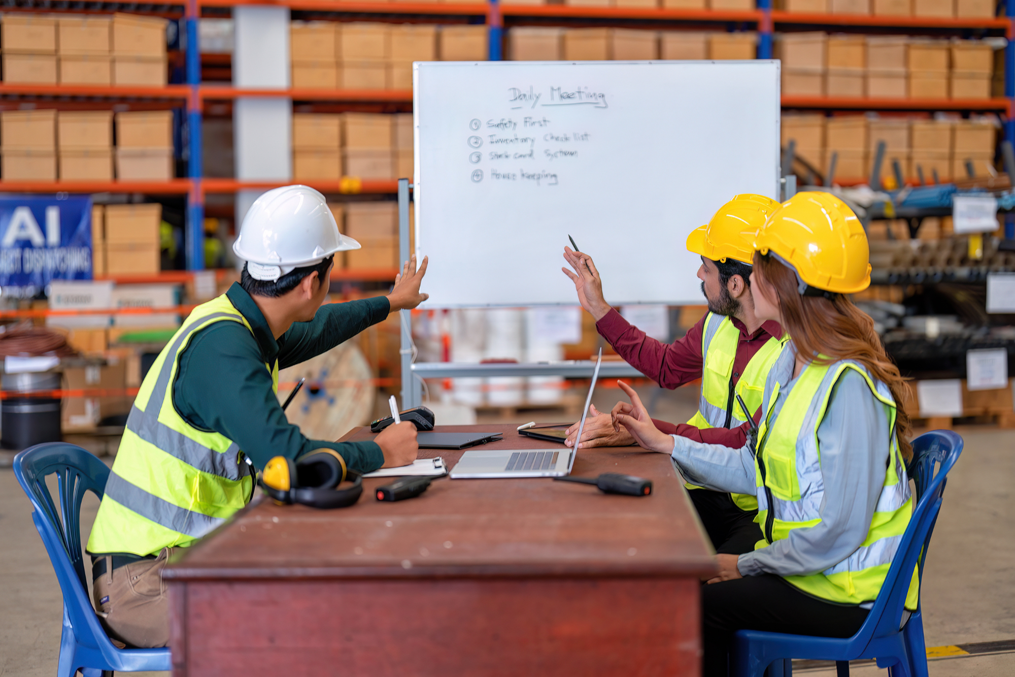 Safety training taking place with a whiteboard and three safety workers