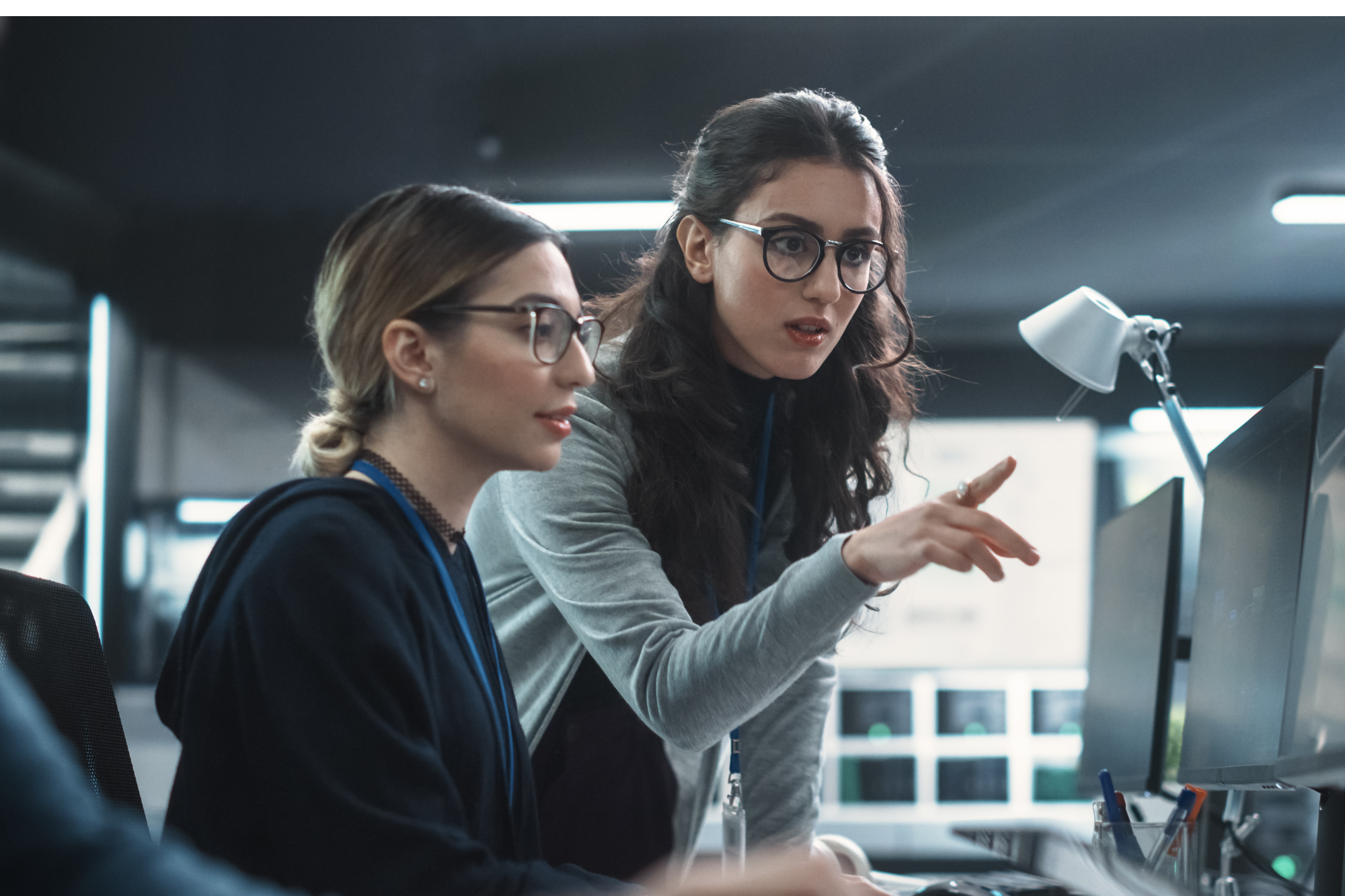 two female professionals using a computer