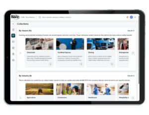 EHS Documents and Downloads industry and hazard collections on a tablet.