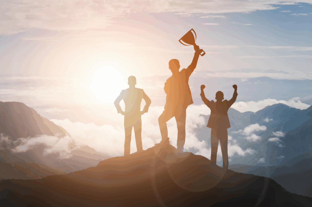 Achievement and Business Goal Success Concept - Creative business people with icon graphic interface showing employee reward giving for business success.png