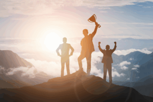 Achievement and Business Goal Success Concept - Creative business people with icon graphic interface showing employee reward giving for business success.png