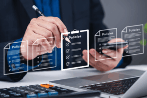 Businessman reviewing and checking corporate policies on digital documents. Perfect for policy management, business compliance, document approval, and corporate governance visuals.