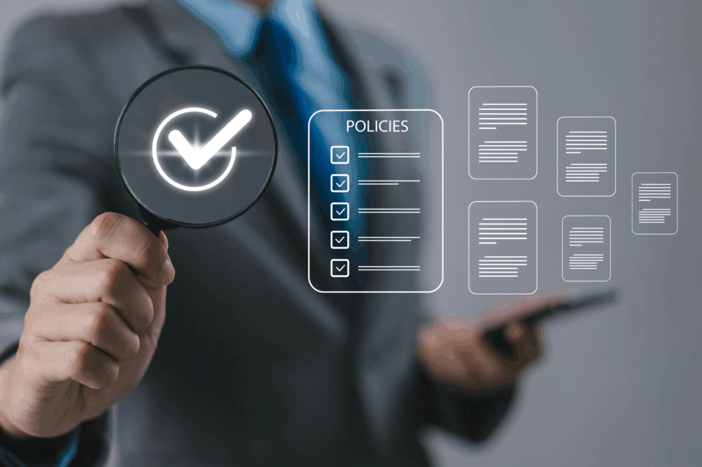 Businessman reviews company policies, digital documents, ideal for policy management, business compliance, document approval, and corporate governance