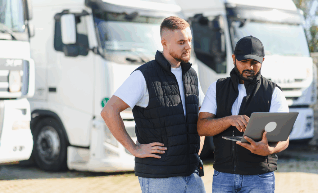 Truck drivers using laptop managing logistics fleet