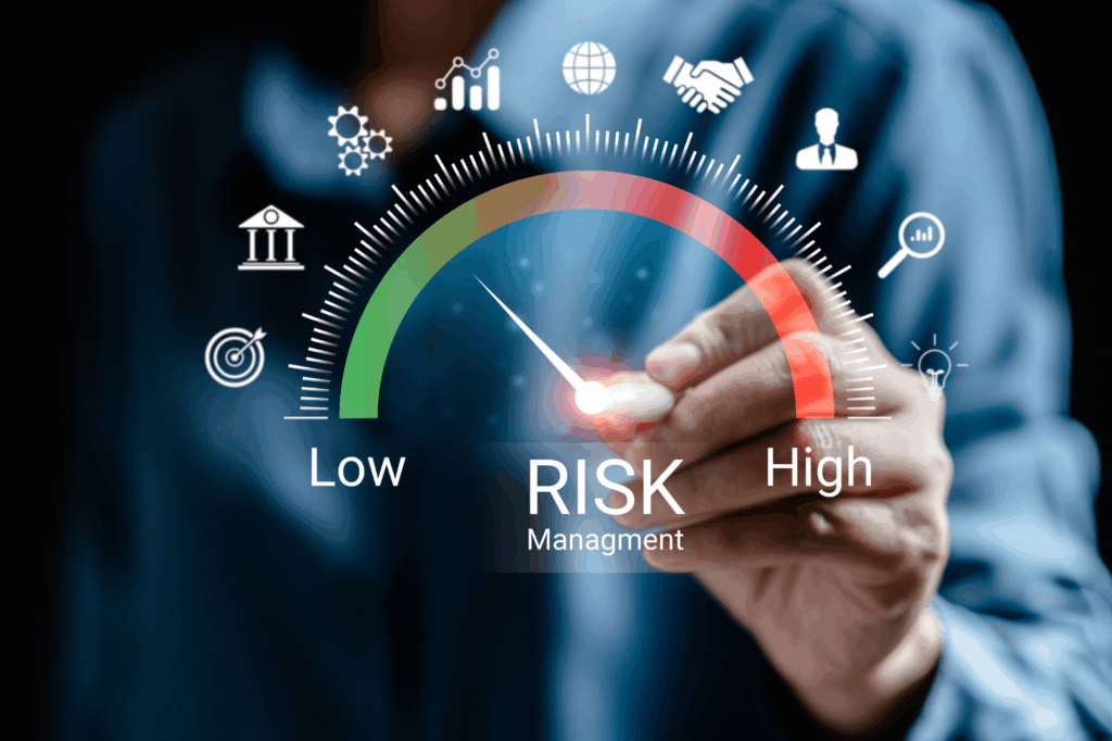 Businesswoman analyzing risk and opportunities to planning business via risk level indicator virtual rating low to high digital virtual, Risk management strategies