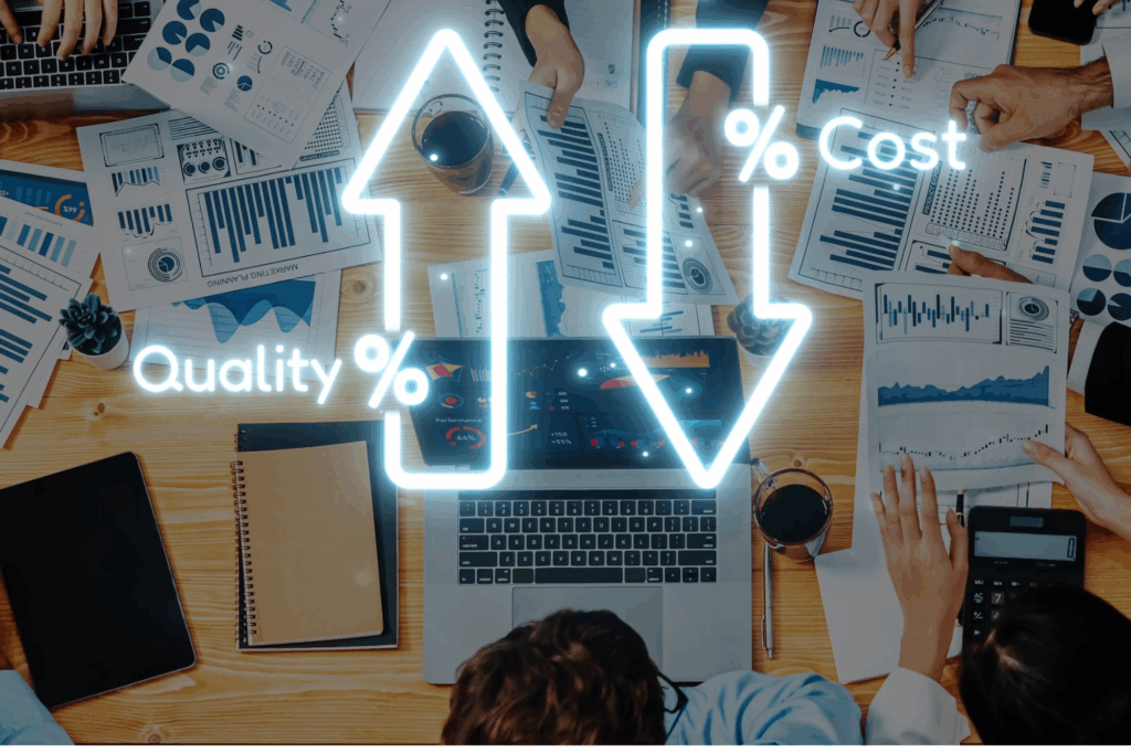 Diverse-team-members-engage-over-data-and-graphs-to-find-the-best-balance-between-quality-and-cost-in-a-dynamic-business-meeting-setting