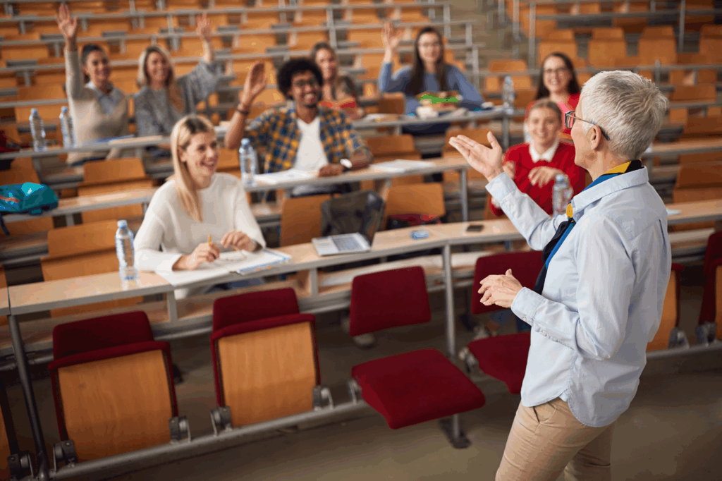 Image of female elderly professor answering student's questions