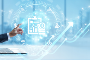 Insurance executive using a digital dashboard to analyze risk management, underwriting performance, compliance requirements, and financial planning metrics.