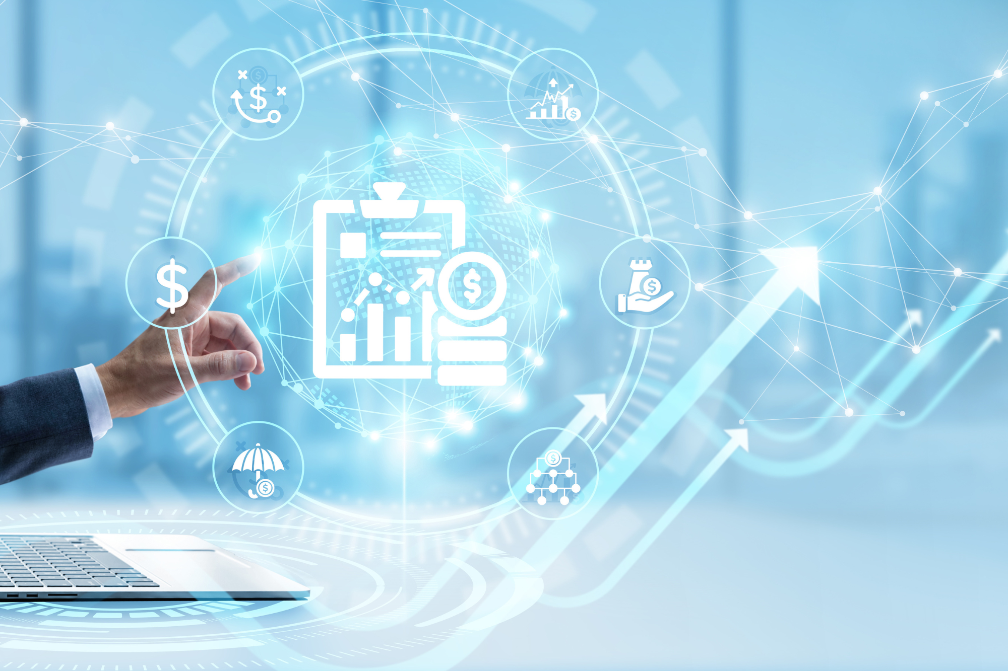 Insurance executive using a digital dashboard to analyze risk management, underwriting performance, compliance requirements, and financial planning metrics.