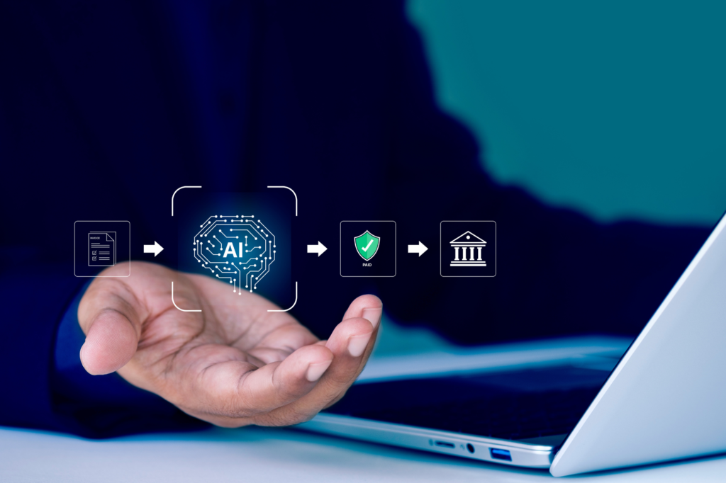 Digital interface displaying AI-powered workflow automation, data analysis, and approval processes, illustrating the role of artificial intelligence in business decision-making and compliance.