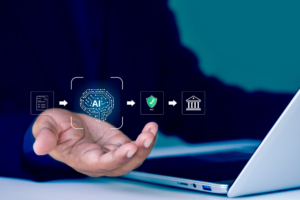 Digital interface displaying AI-powered workflow automation, data analysis, and approval processes, illustrating the role of artificial intelligence in business decision-making and compliance.
