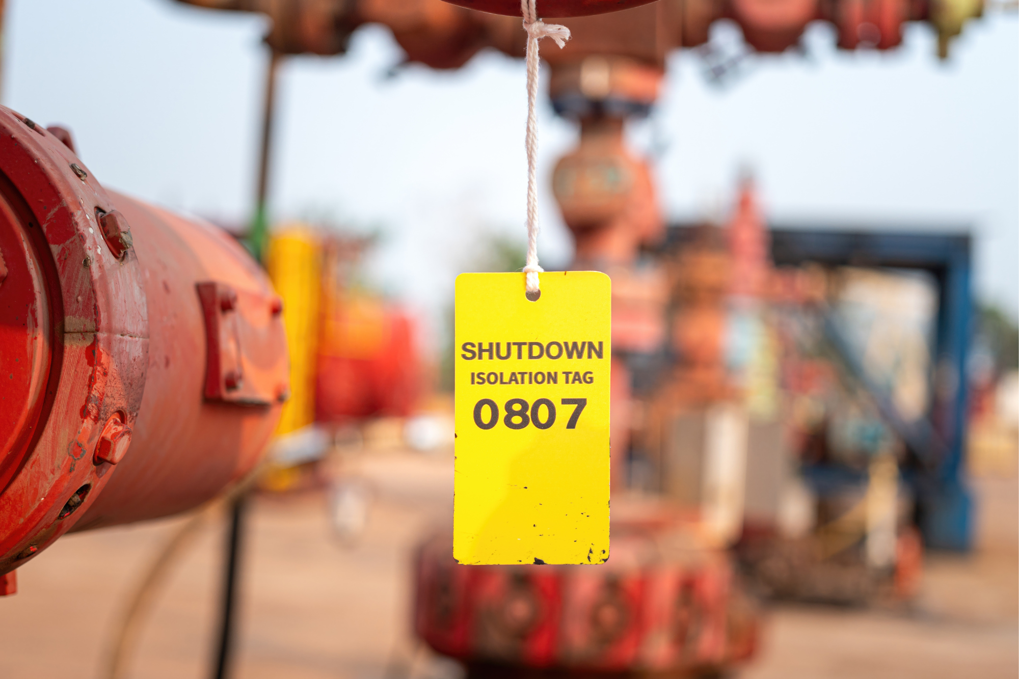 Close-up of a lockout/tagout safety tag attached to an industrial oil pipeline during maintenance shutdown, preventing equipment operation while hazardous energy is controlled.